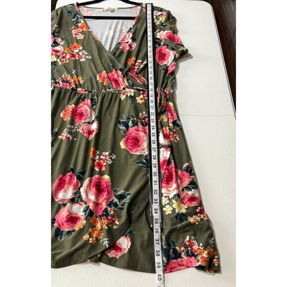 Derek Heart Floral Faux Wrap Dress Green Pink Short Sleeve 2X - Picture 9 of 11